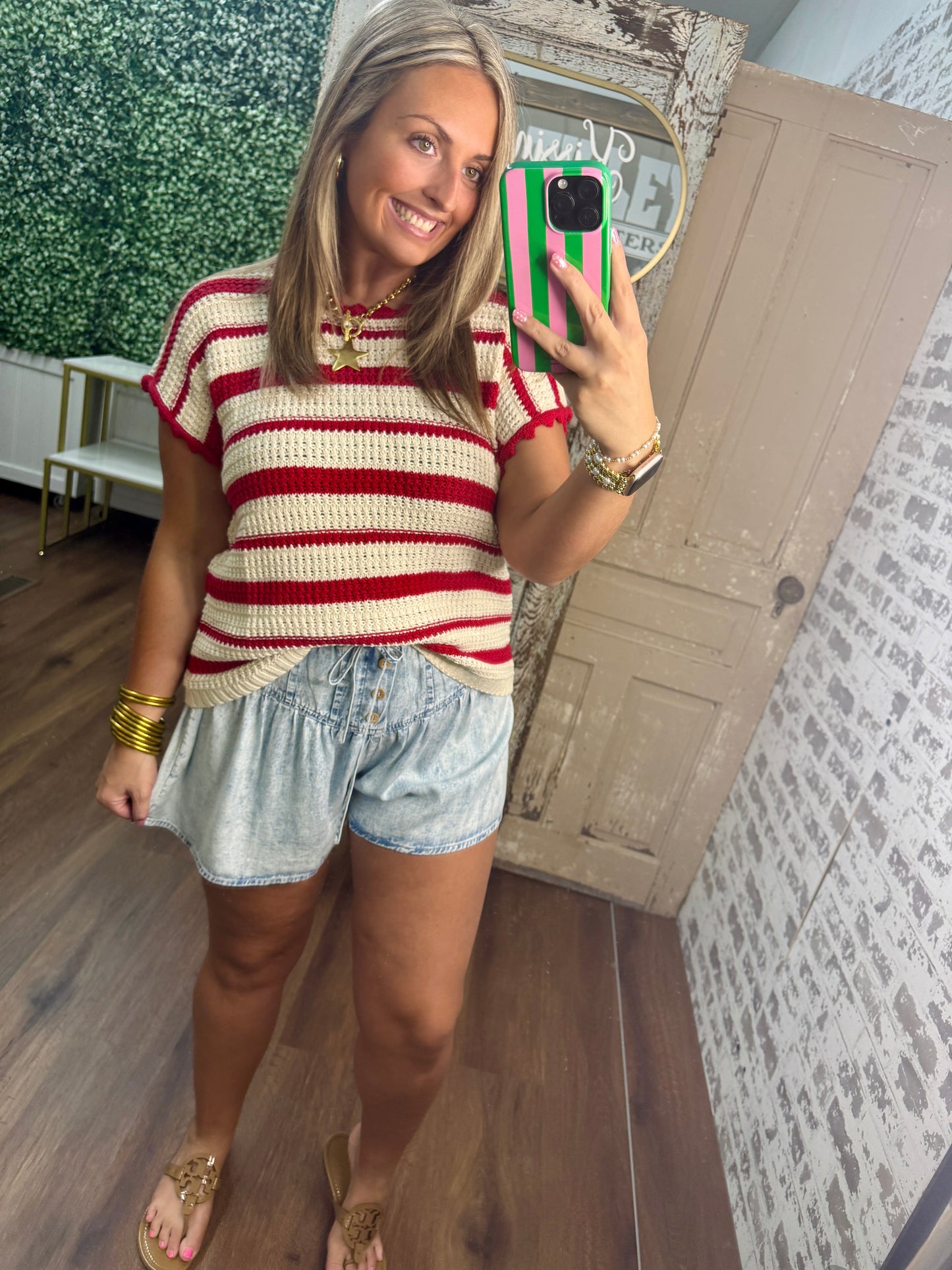 Stripe Scallop Trim Crochet Top