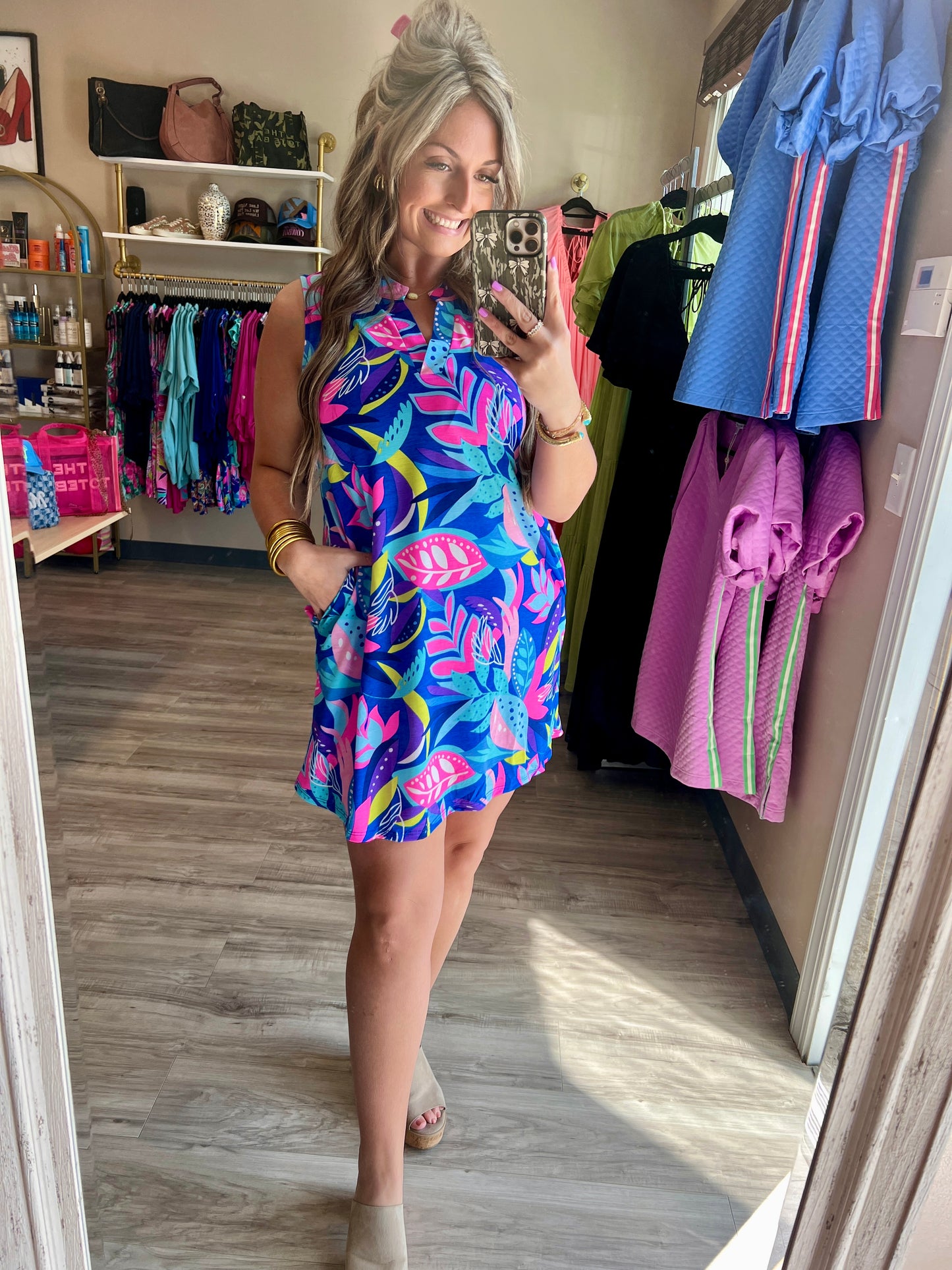 Tropical Print Sleeveless Mini Dress