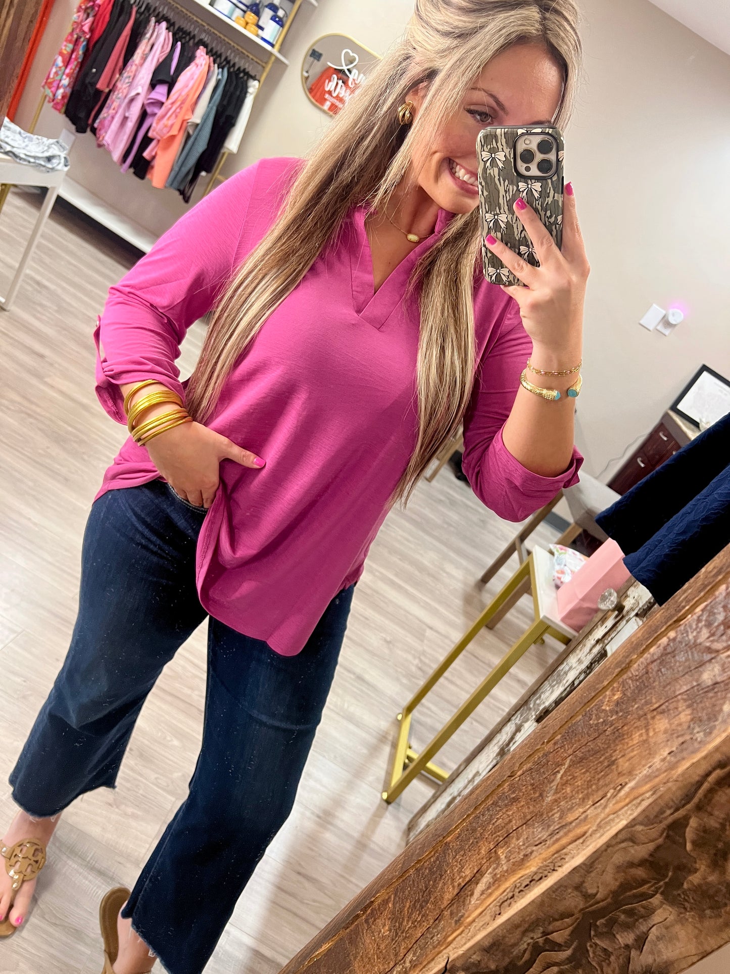 Signature Mandarin Collar 3/4 Sleeve Top (3 COLORS)
