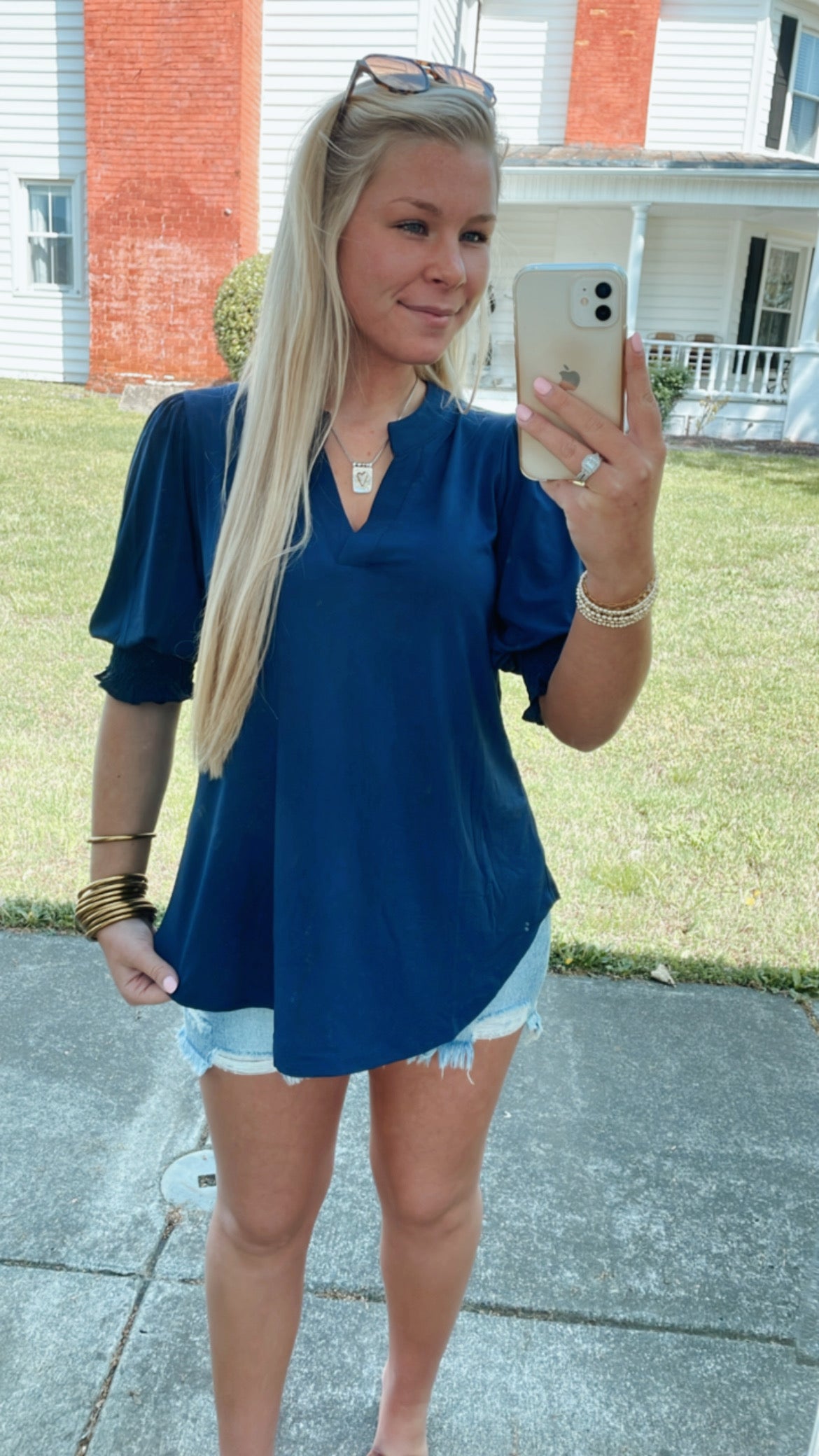 Mandarin Collar 3/4 Smock Sleeve Blouse Navy