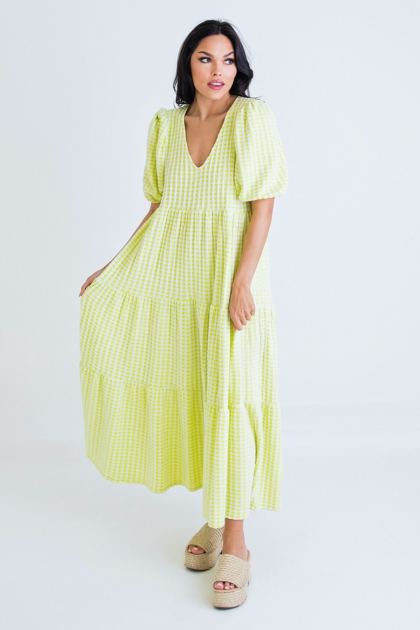 Karlie: Check Plaid Jacquard Puff Sleeve Tier Maxi Dress