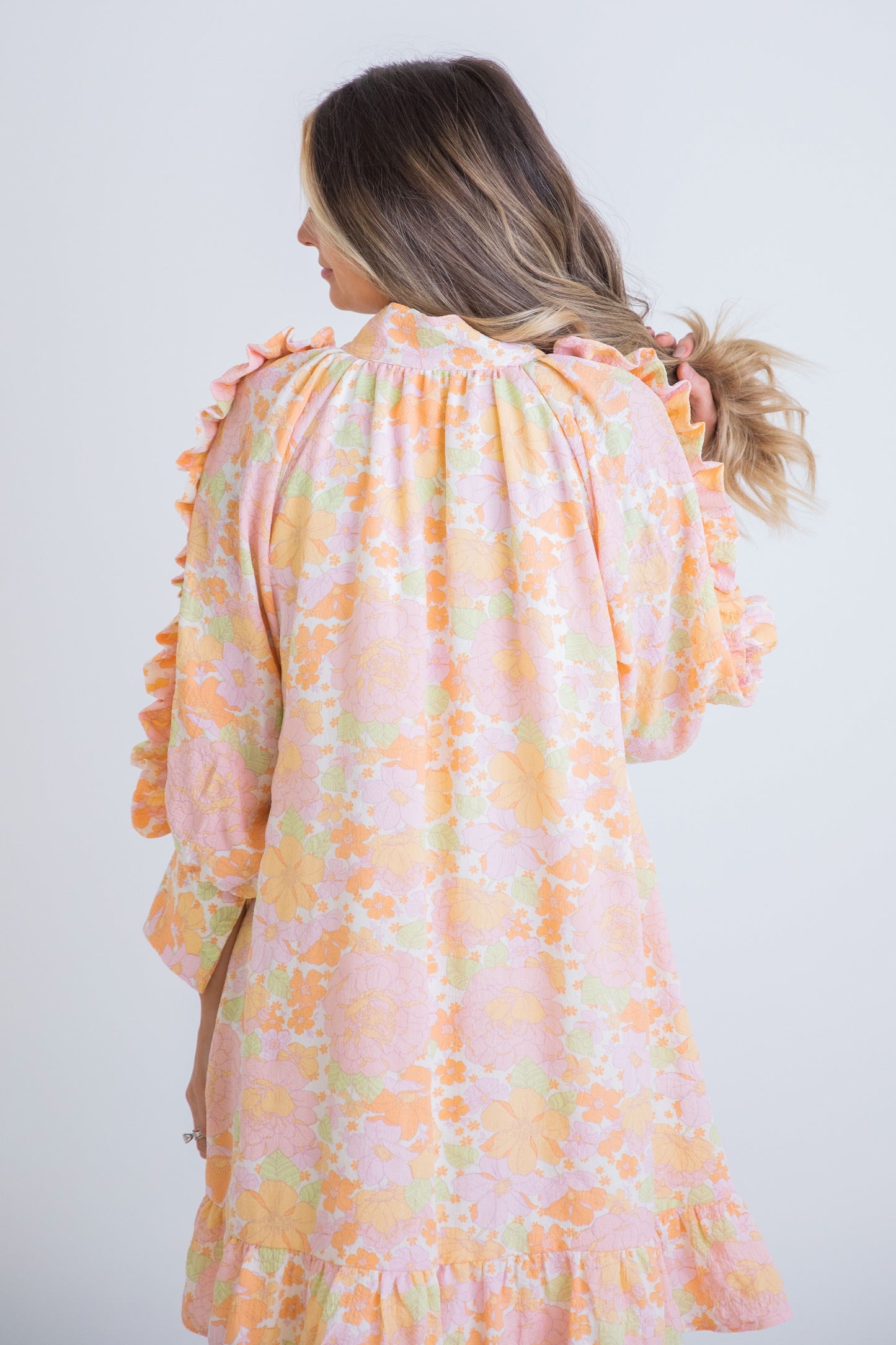 Karlie: Seersucker Pastel Floral Ruffle Sleeve Dress
