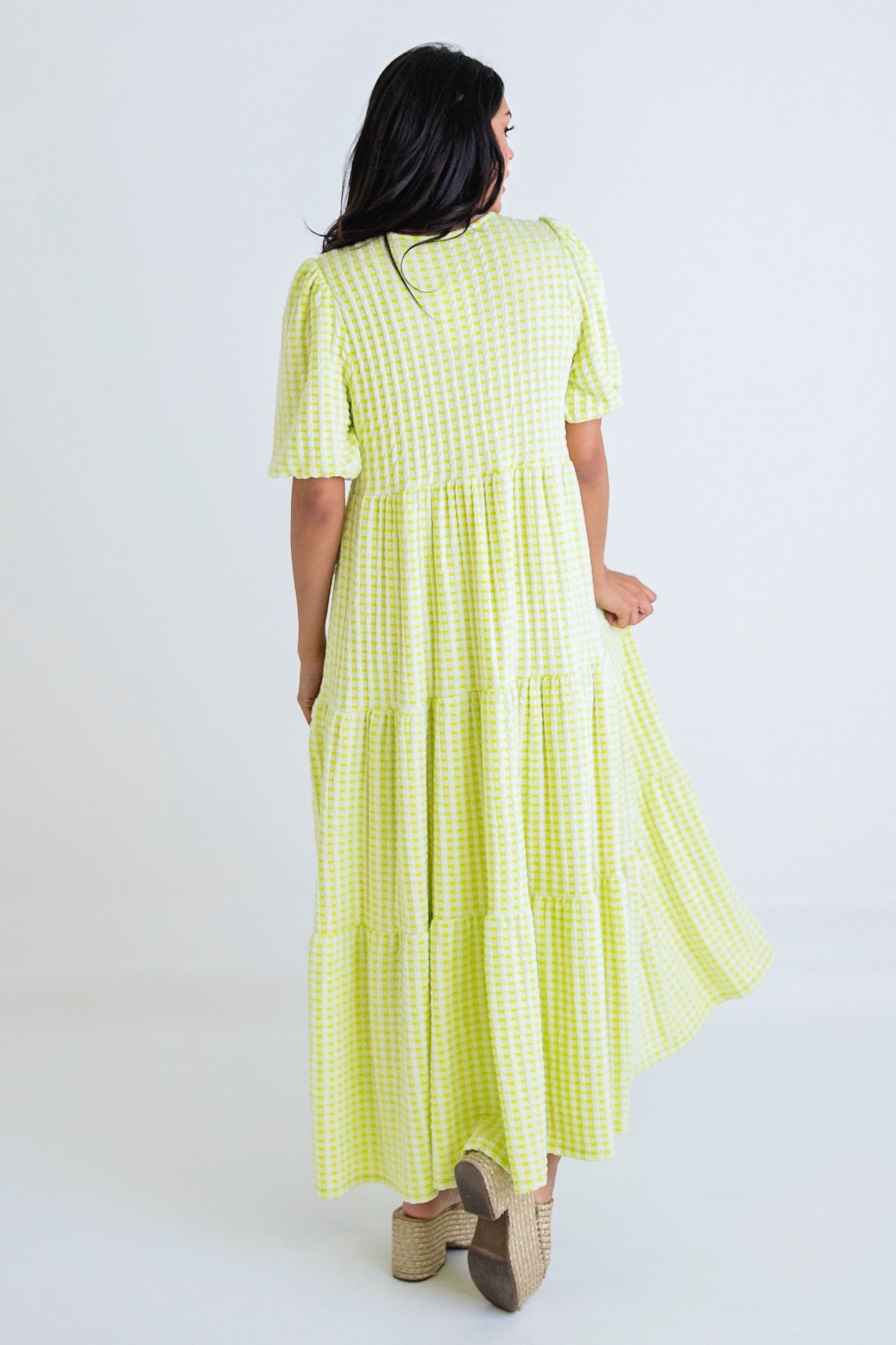 Karlie: Check Plaid Jacquard Puff Sleeve Tier Maxi Dress