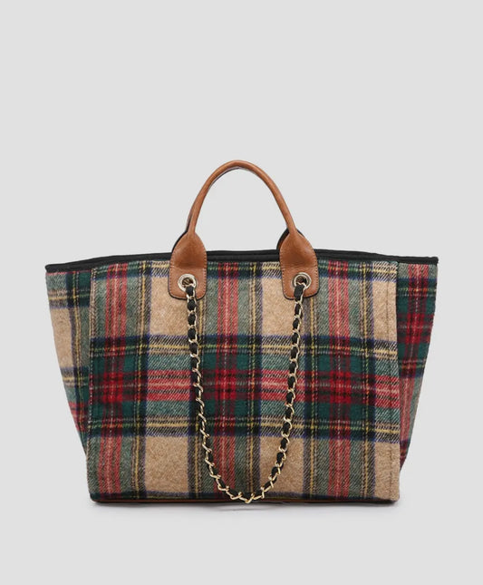 Kristina Satchel with Chain Strap - Plaid