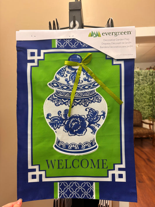 Chinoiserie Welcome Appliqué Evergreen Garden Flag