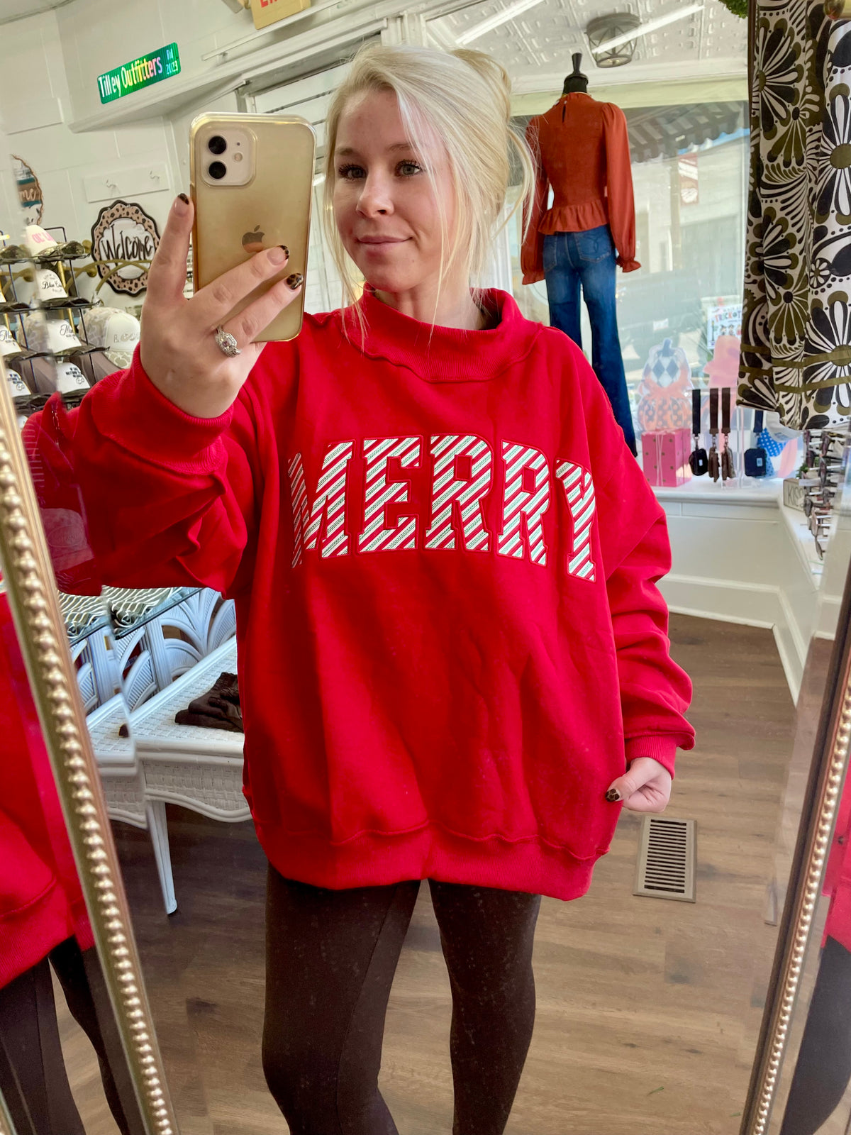 ‘MERRY’ Embroidered Red Mock Neck Sweatshirt