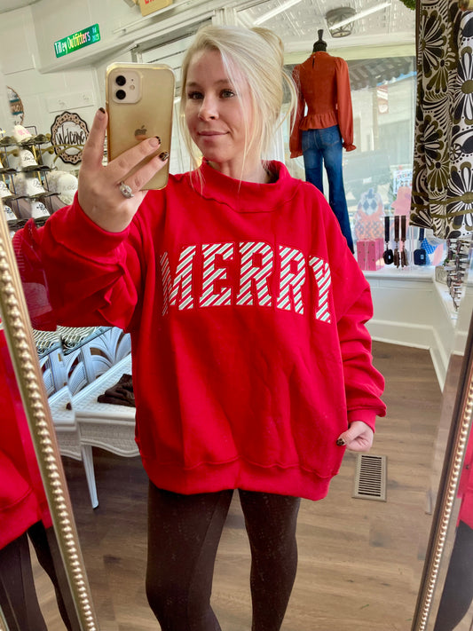 ‘MERRY’ Embroidered Red Mock Neck Sweatshirt