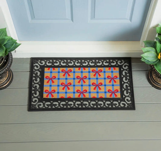 Sassafras American Classic Red White & Bows Flocked Coir Switch Mat