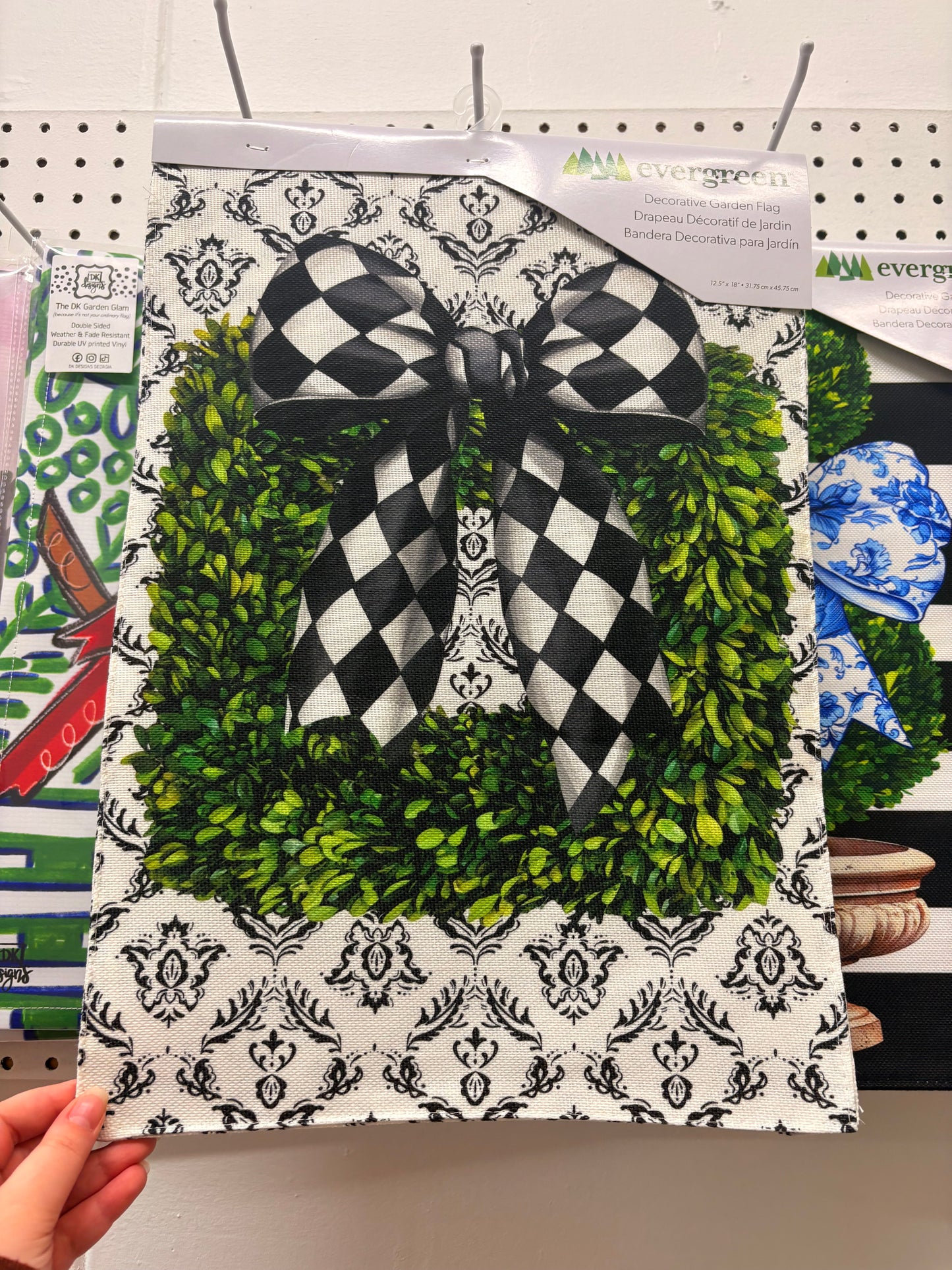 Black & White Bow Topiary Burlap Evergreen Garden Flag