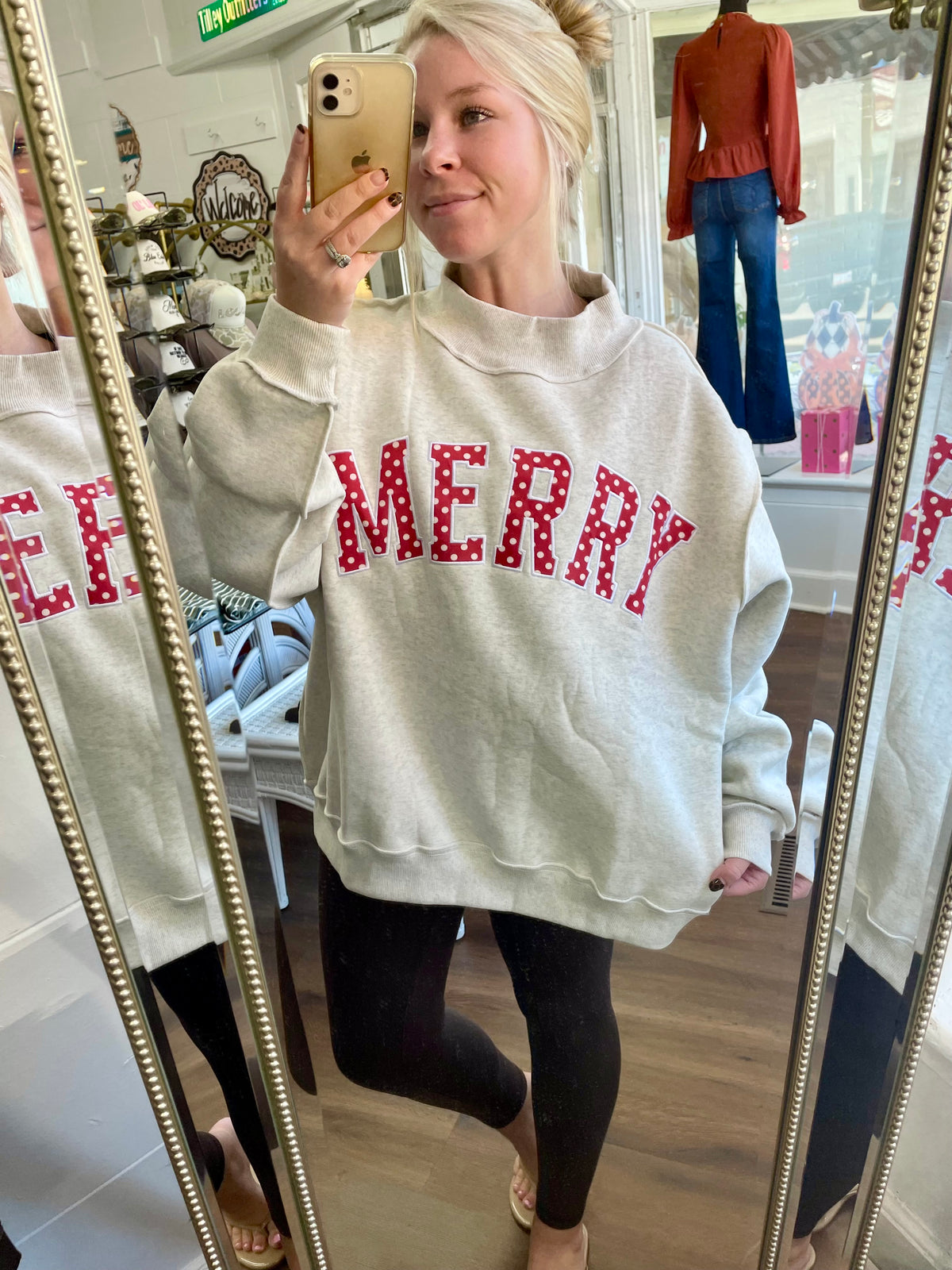 ‘MERRY’ Varsity Polka Dot Mock Neck Sweatshirt